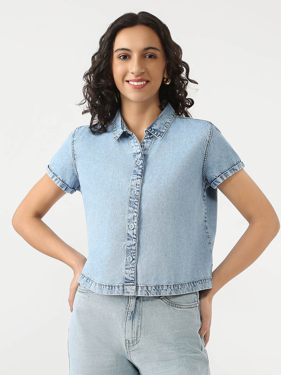 Women Light Blue Crop Denim Shirt
