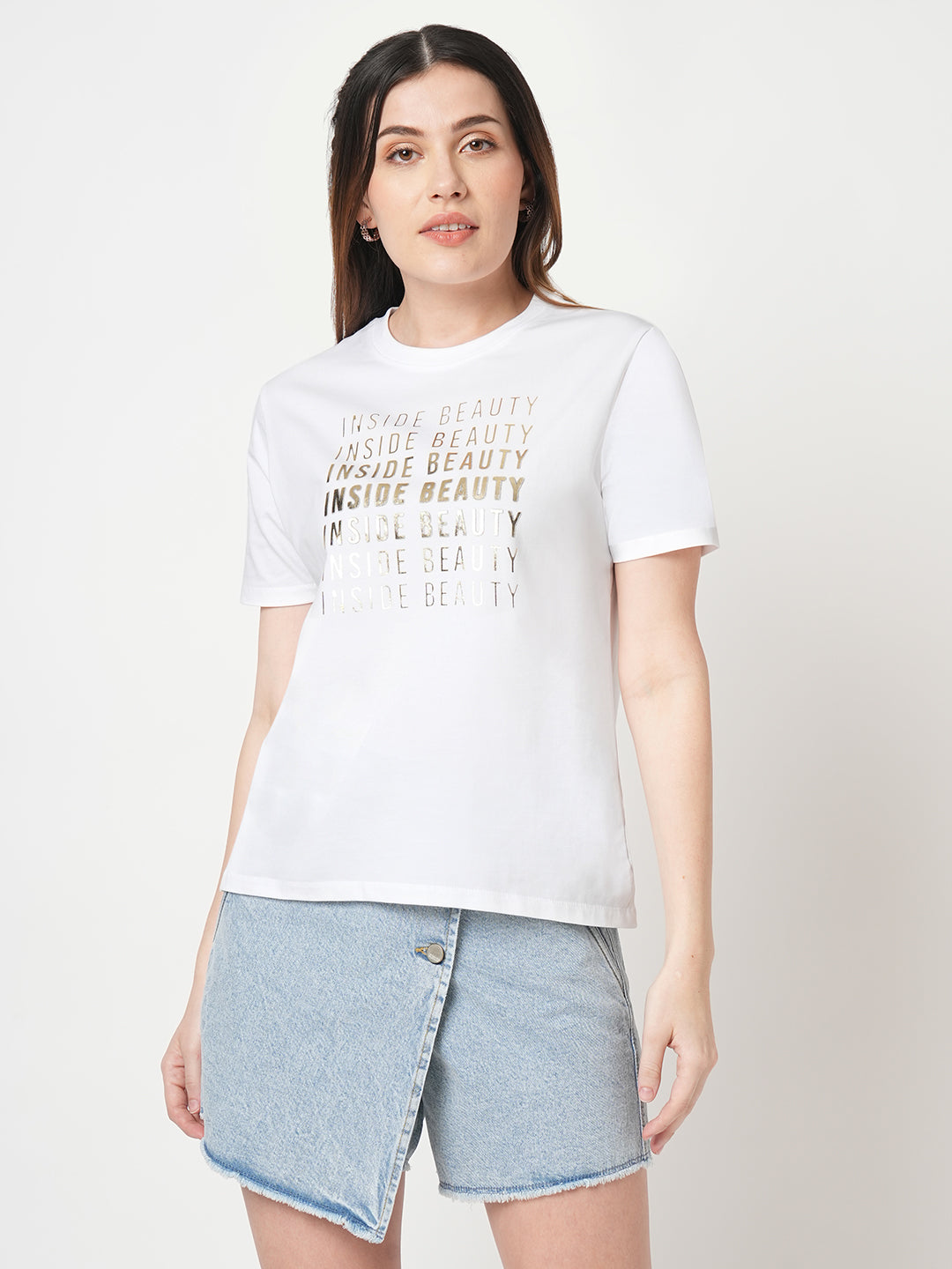 Women Slim Fit  White Boxy Graphic Tees