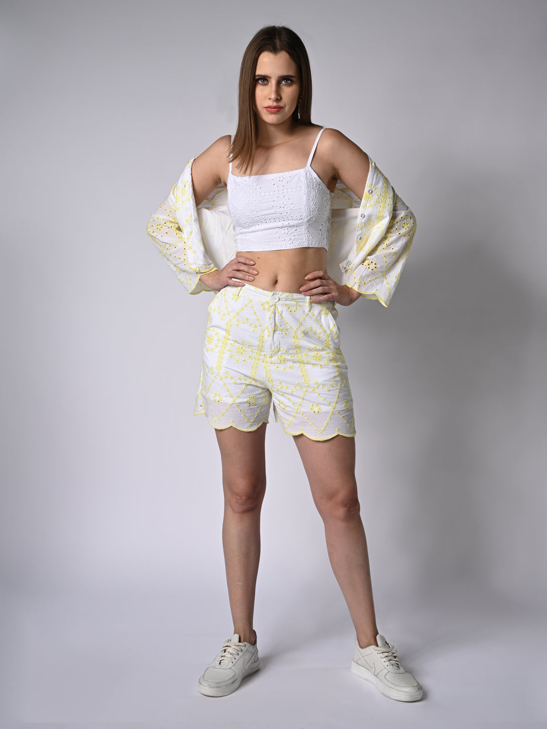 Women White Slim Fit Schiffli Shorts