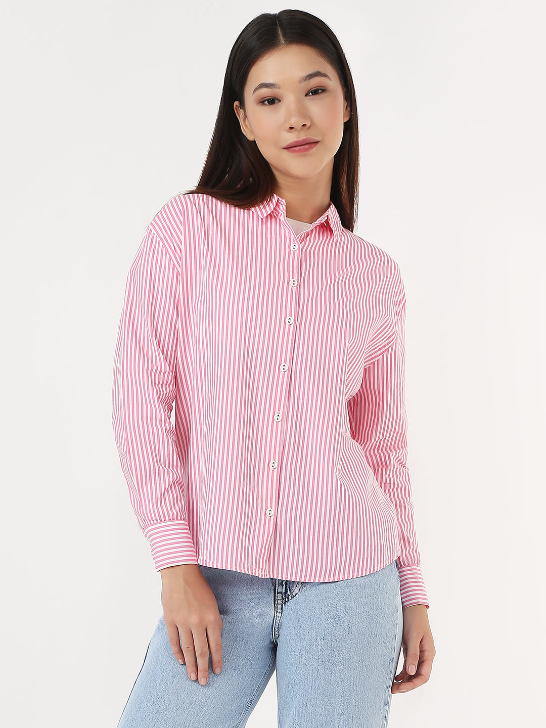 Women Pink/White Slim Oversized Shirt