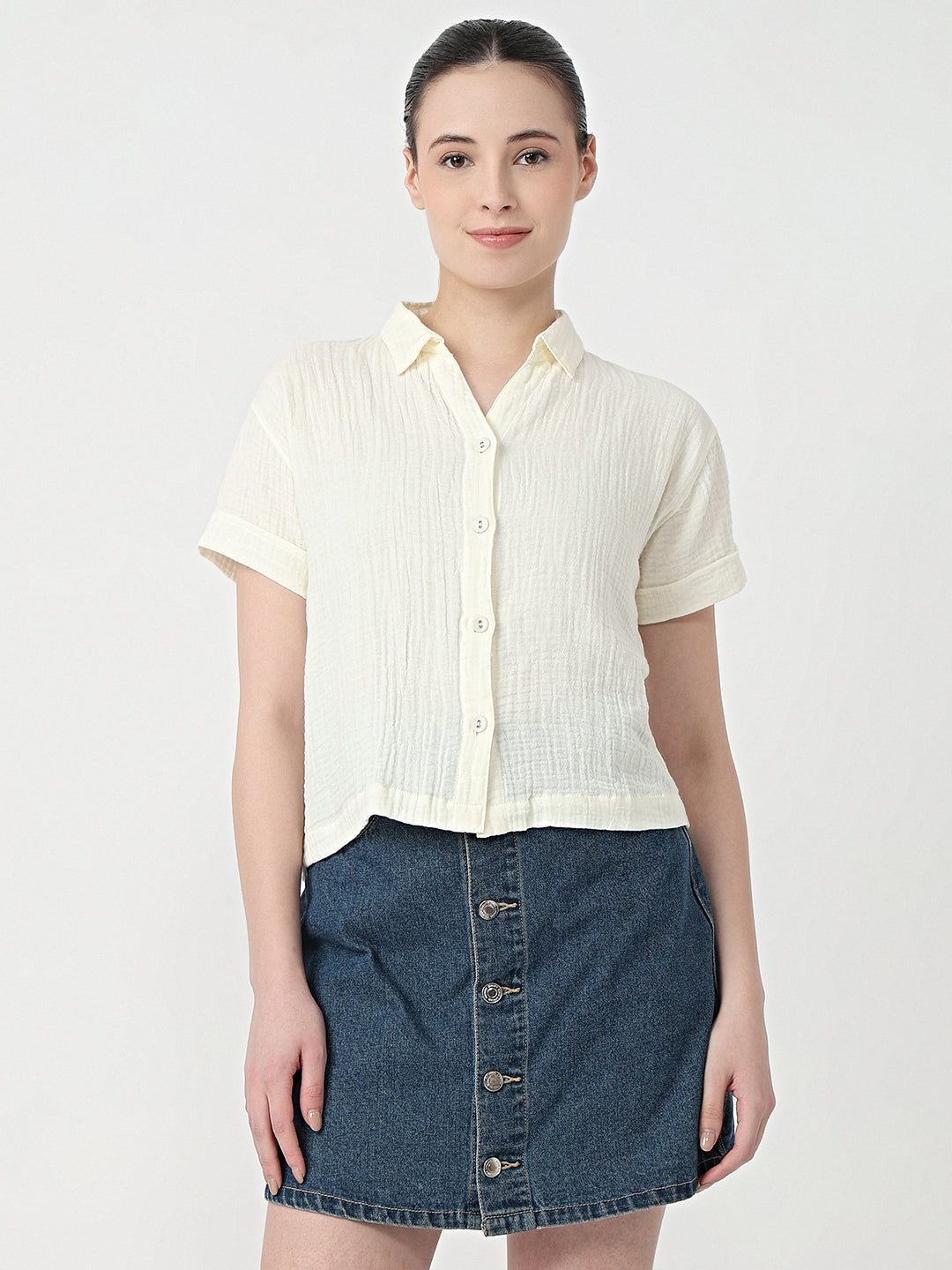 Women Ivory Slim Fit Crop Shirt