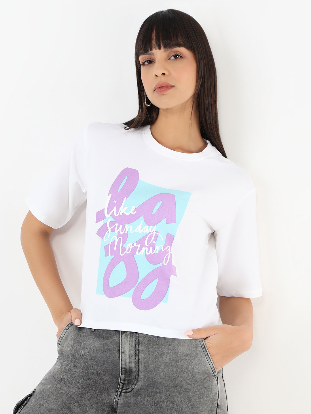Women White Slim Crop Graphic T-Shirt