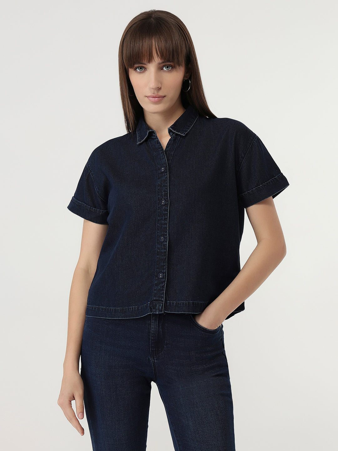 Women Dark Blue Denim Crop Shirt