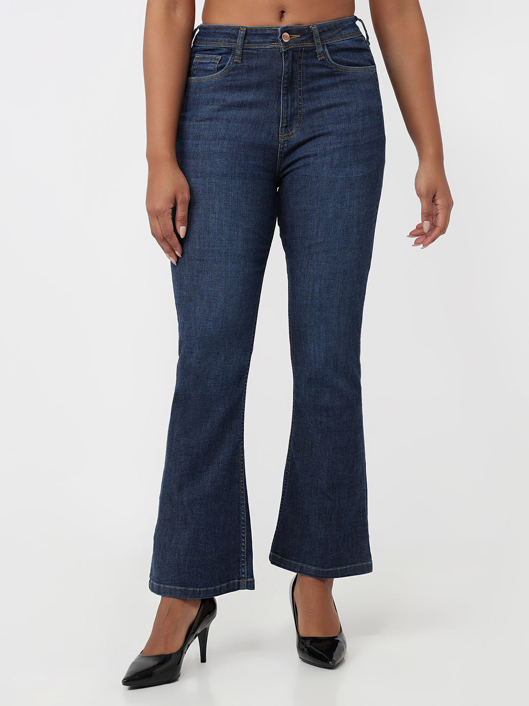 Women Dark Blue High-Rise Mini Flare Jeans