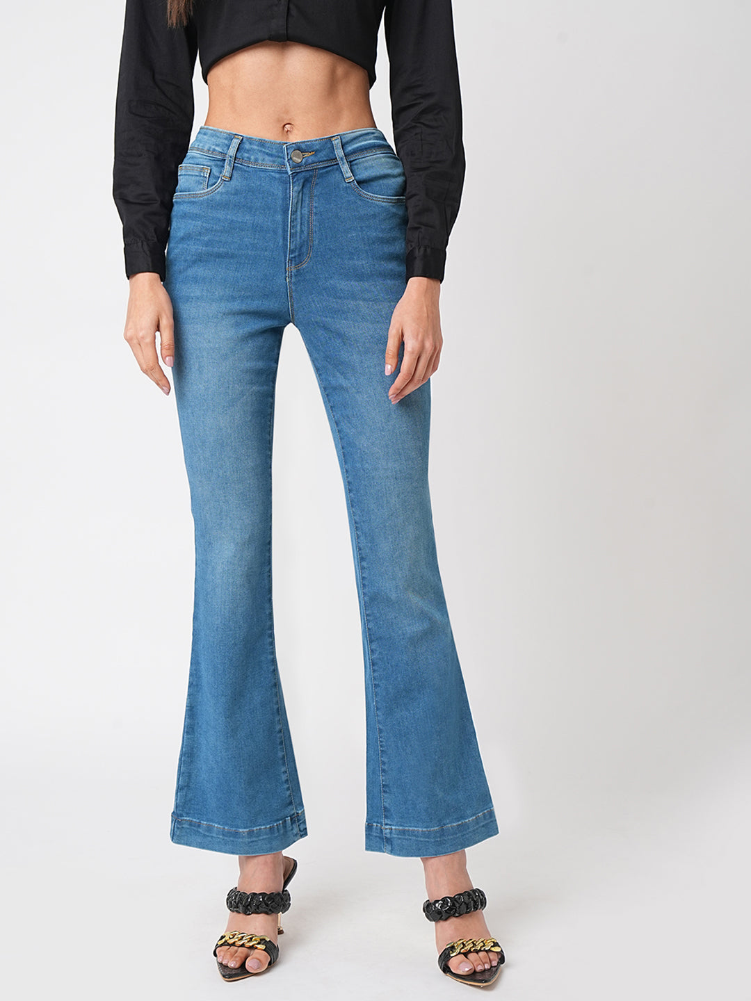 Women Blue High-Rise Mini Flare Jeans