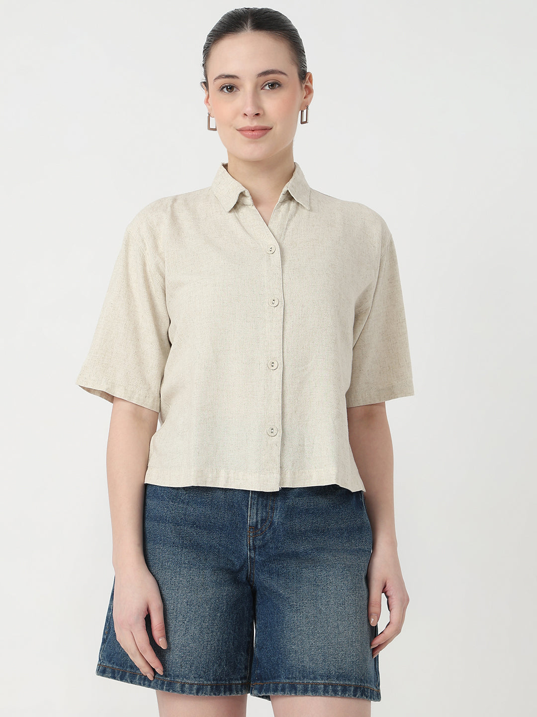 Women Light Natural Slim Fit Crop Shirt