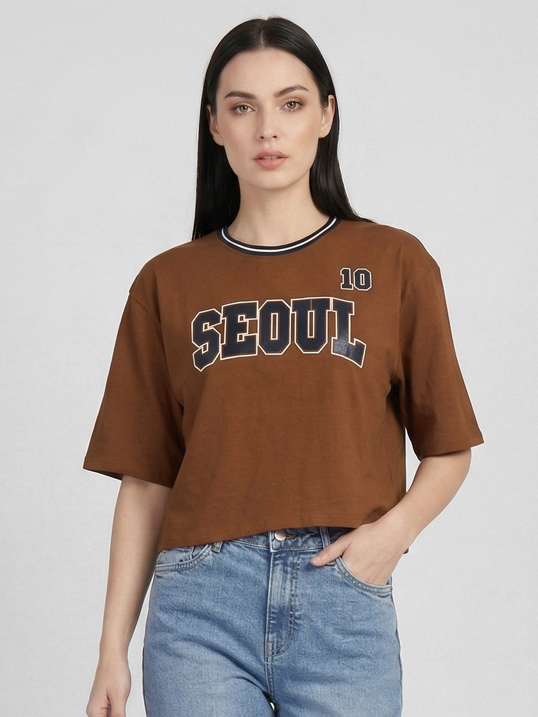Women Sepia Graphic Print Crop Tees