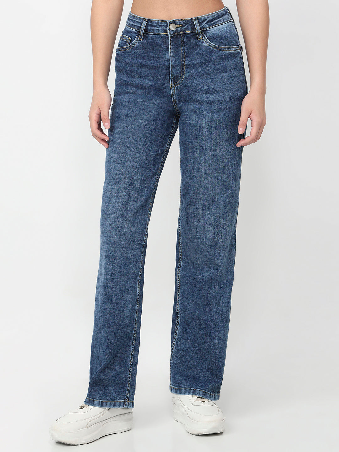 Women Blue High-Rise Crop Wide Leg Jeans