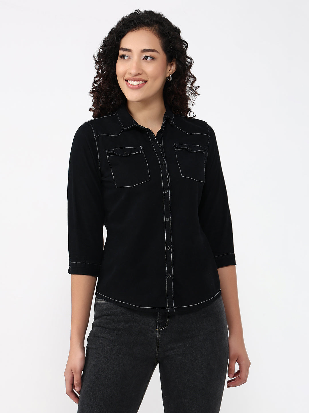 Women Black Slim Fit Denim Shirt