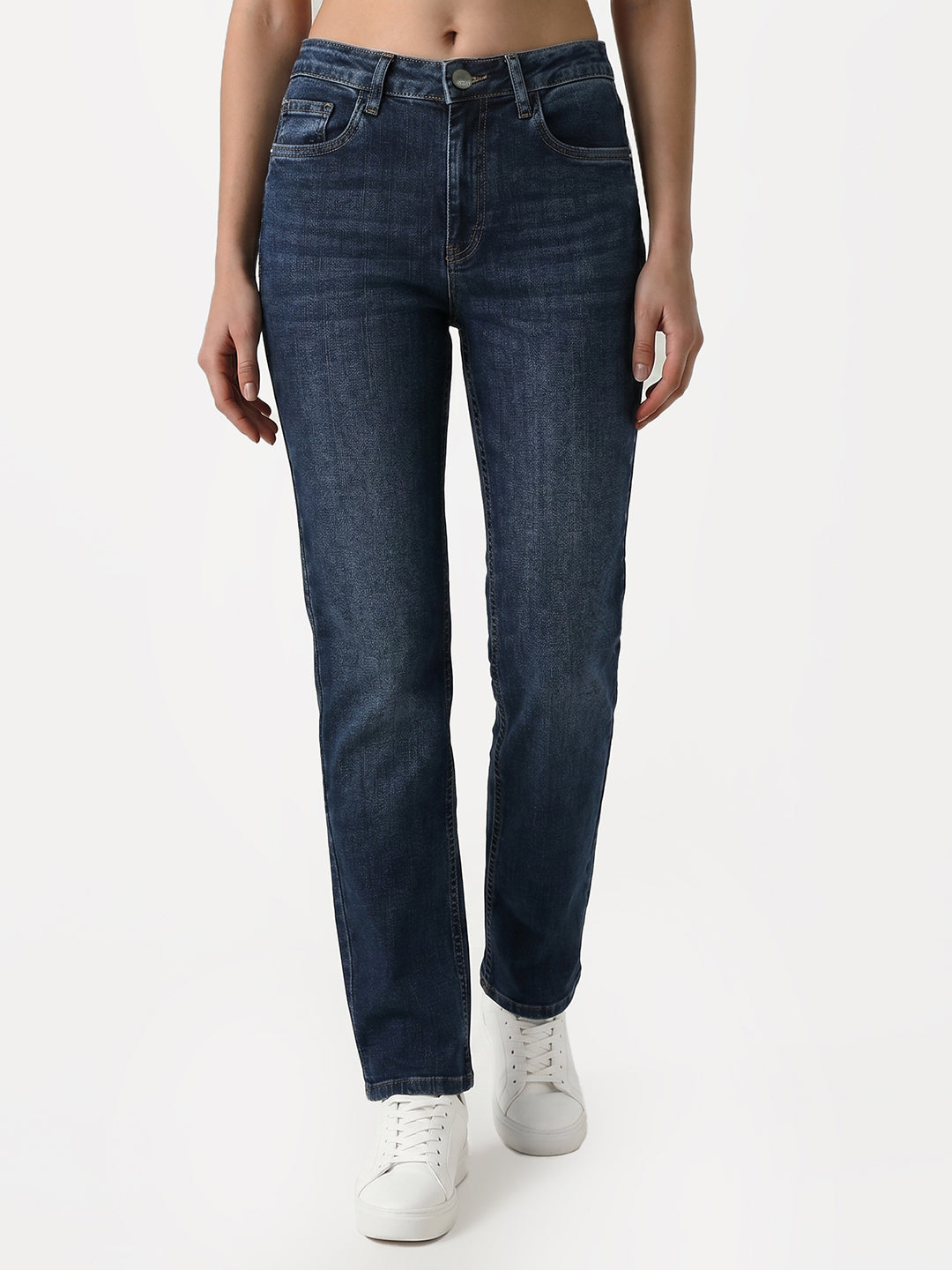 Women Blue High-Rise Slim Straight Jeans