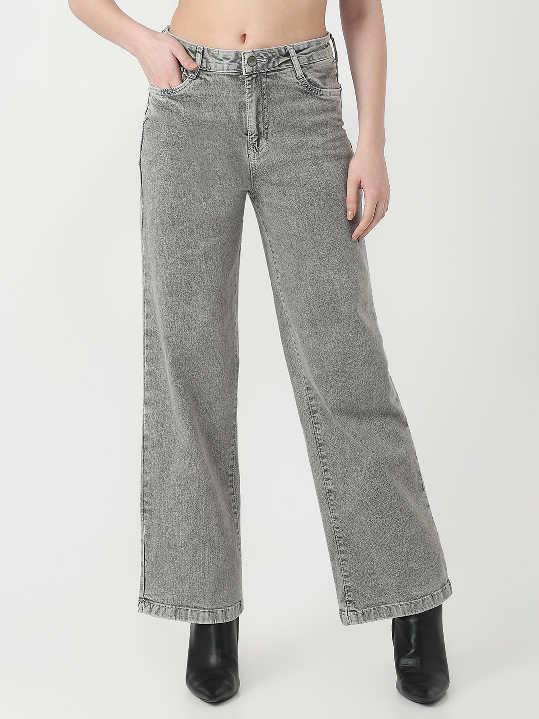 Women Light Grey High-Rise Wide Leg Jeans