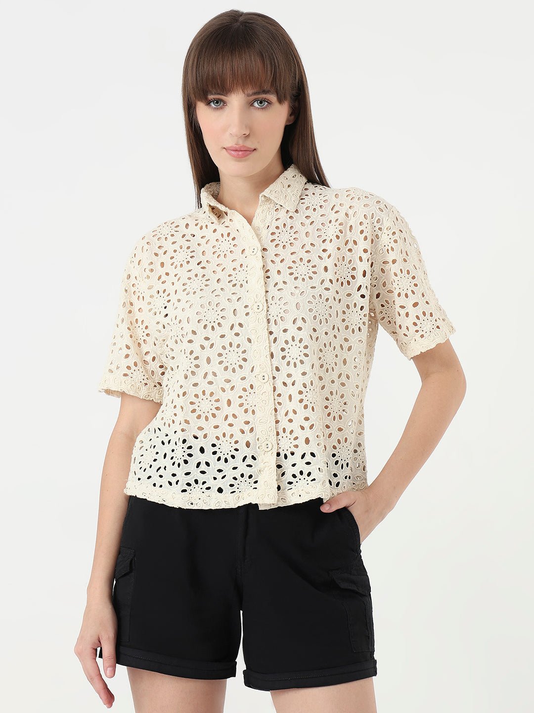 Women Ivory Slim Fit Crop Shirt
