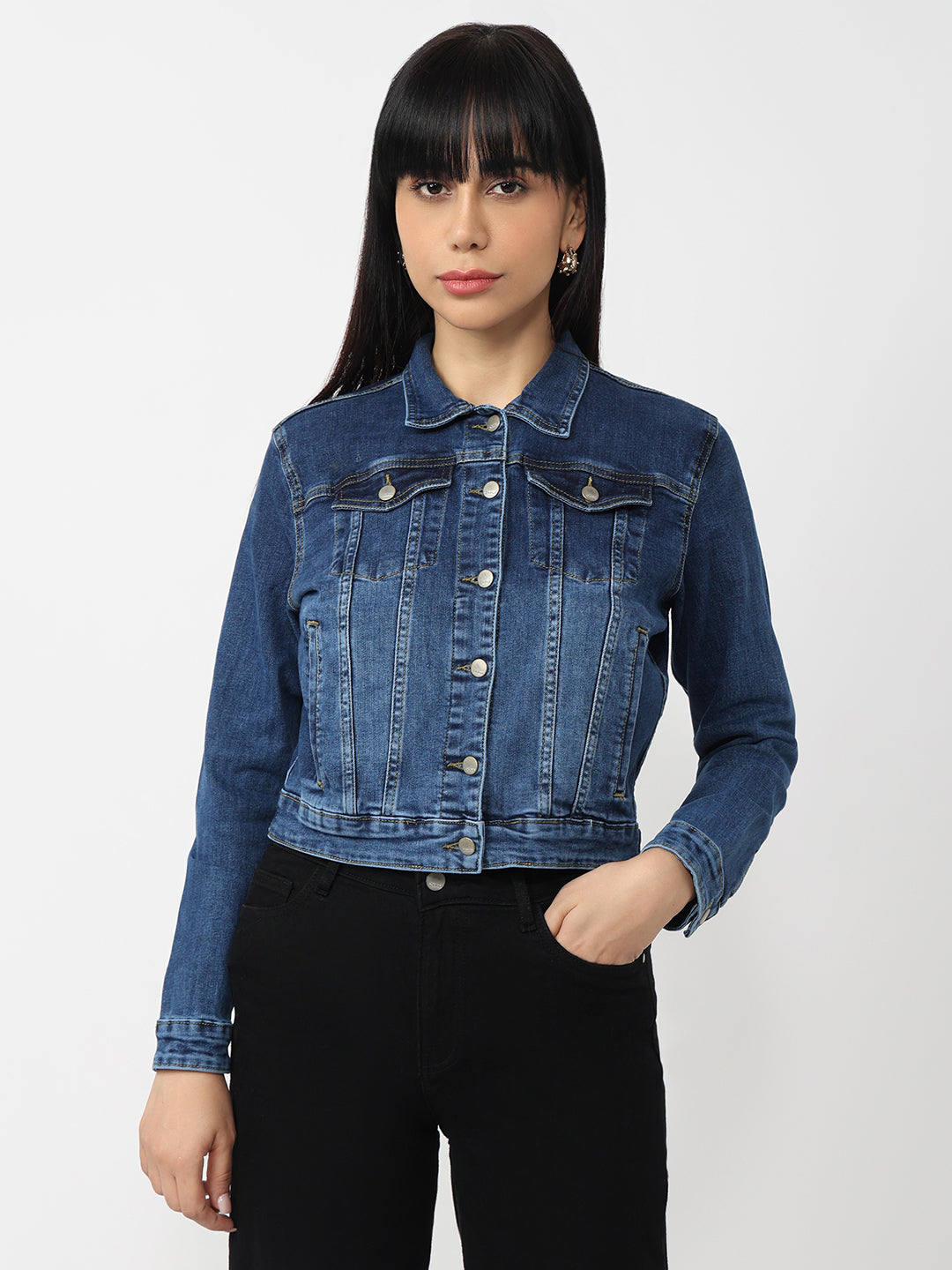 Women Light Blue Denim Slim Fit Jacket