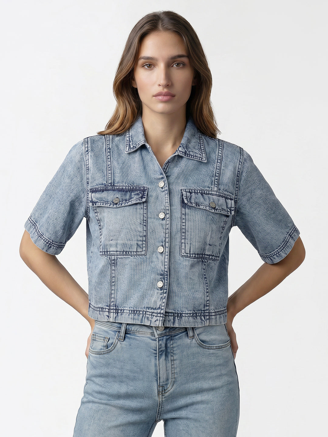 Women Blue Crop Shirt