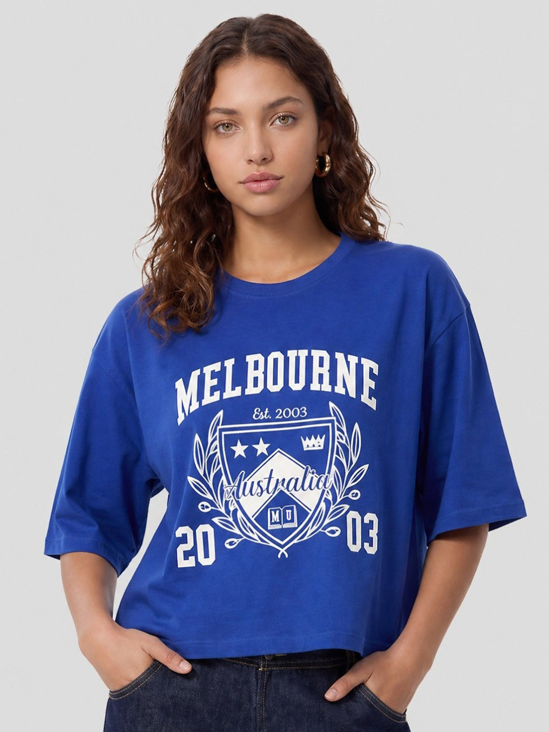 Women Indigo Graphic Print Crop Tees
