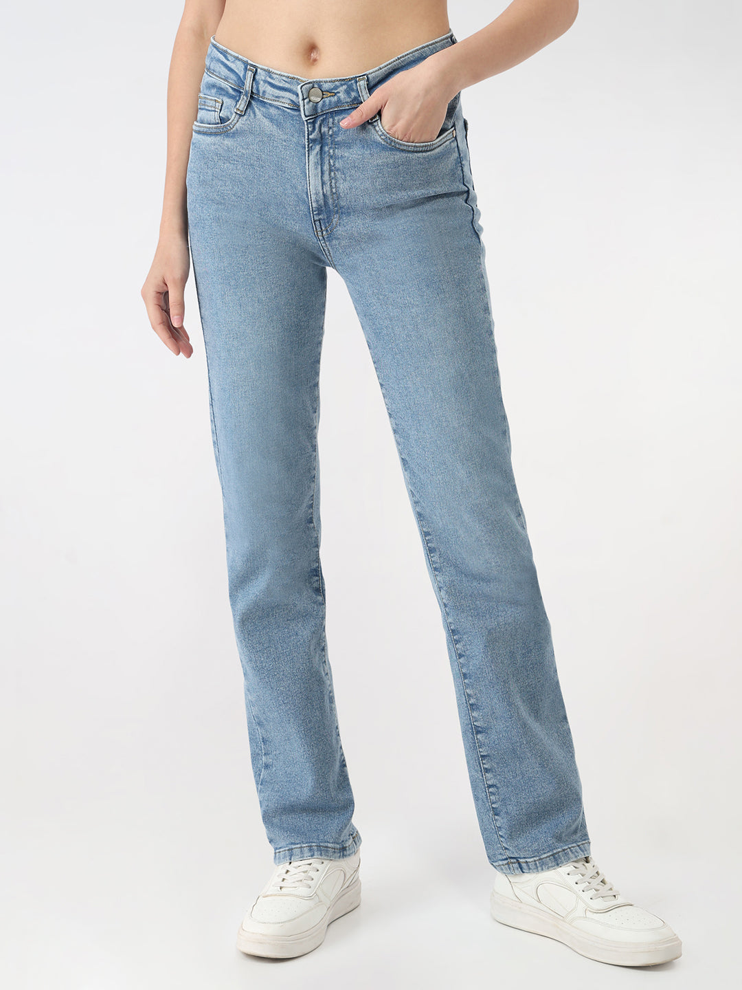 Women Light Blue High-Rise Slim Straight Fit Jeans