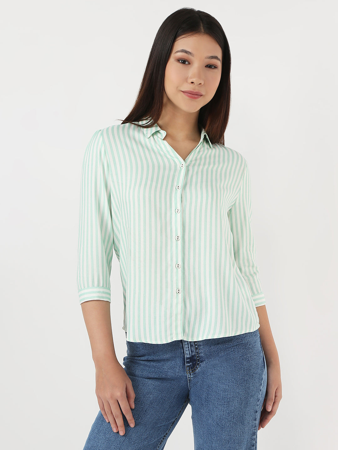 Women Mint & White Slim Stripe Shirt