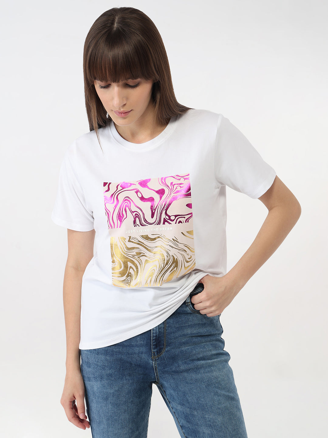 Women White Slim Graphic T-Shirt