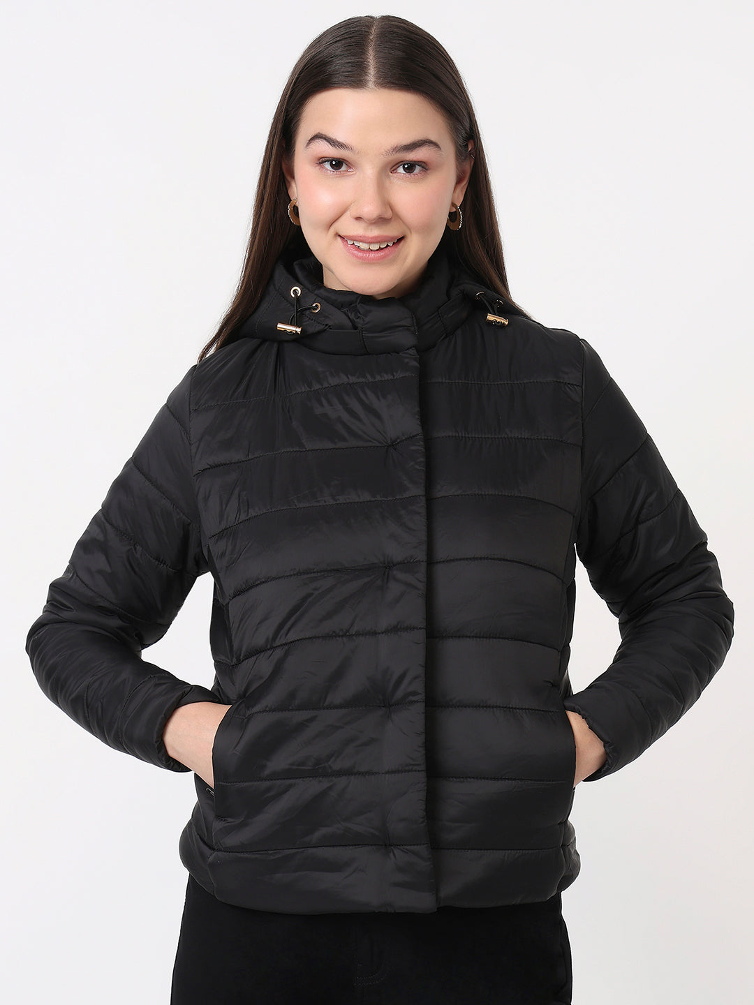 Women Black Slim Fit Winter Jacket