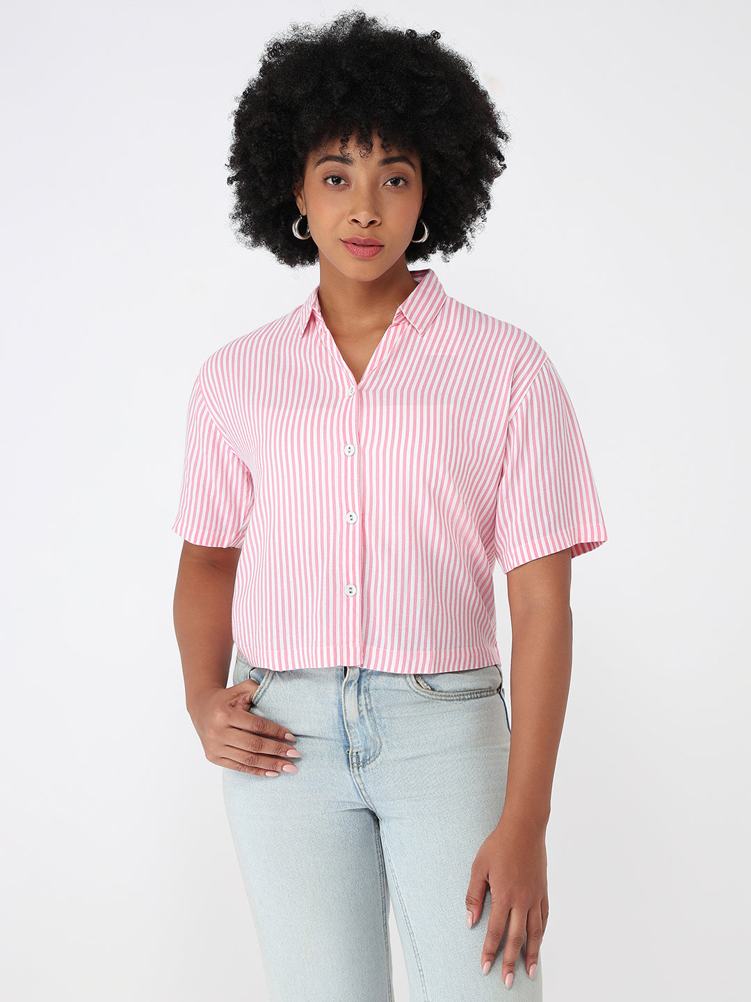 Women Pink/White Crop Slim Shirt