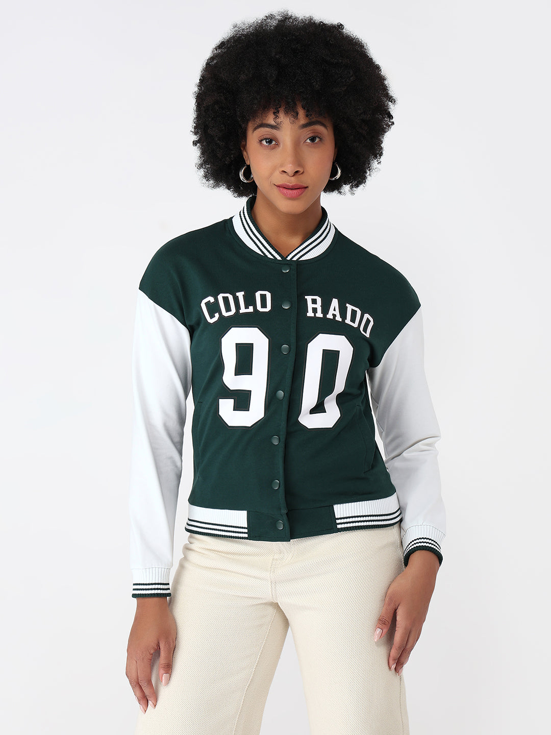 Women Bottle Green/White Varsity Jacket