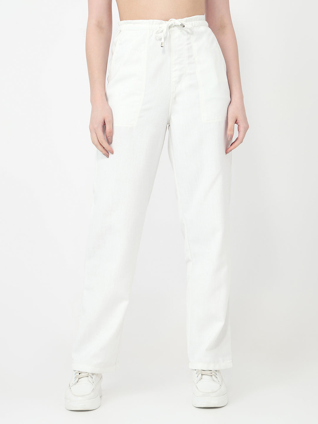 Women Off White Loose Straight Paper Bag Pants