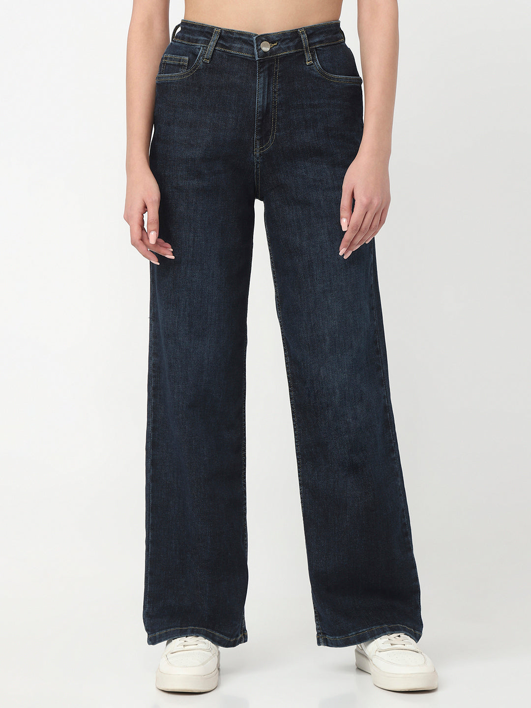 Women Dark Blue High-Rise Wide Leg Jeans