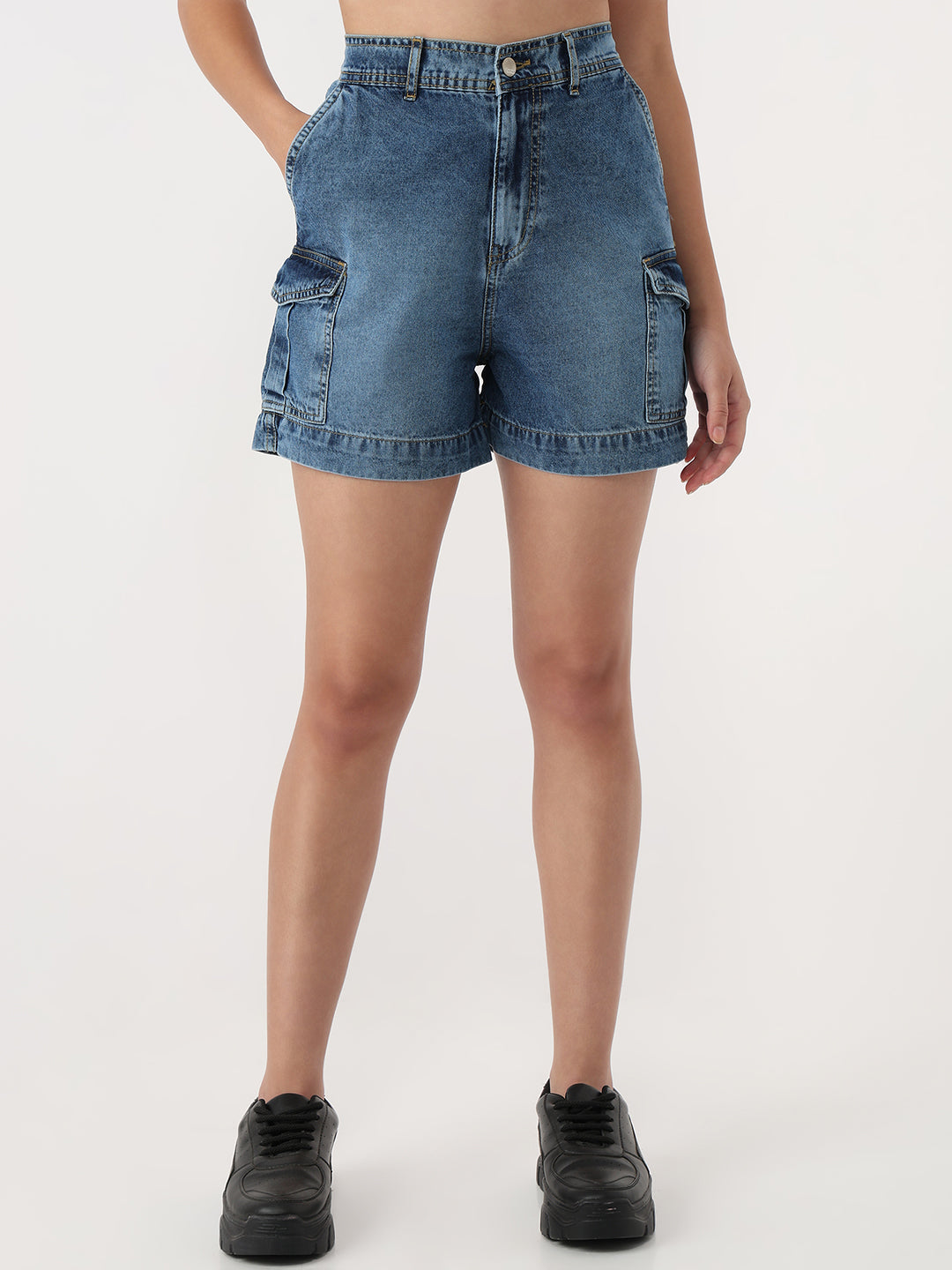 Women Blue High-Rise Cargo Shorts