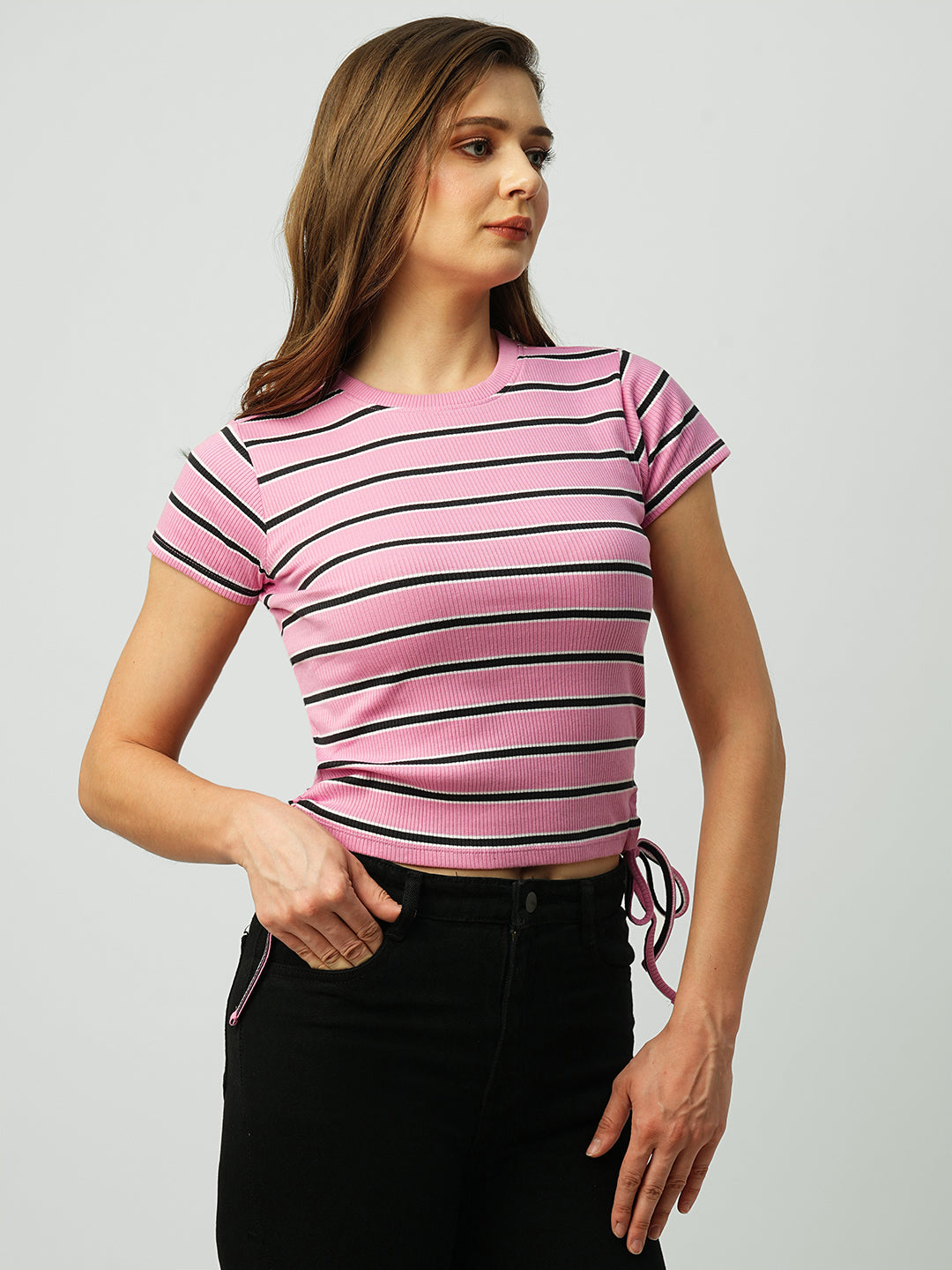 Women Striped Slim Fit Side Tie-Up Crop T-Shirt