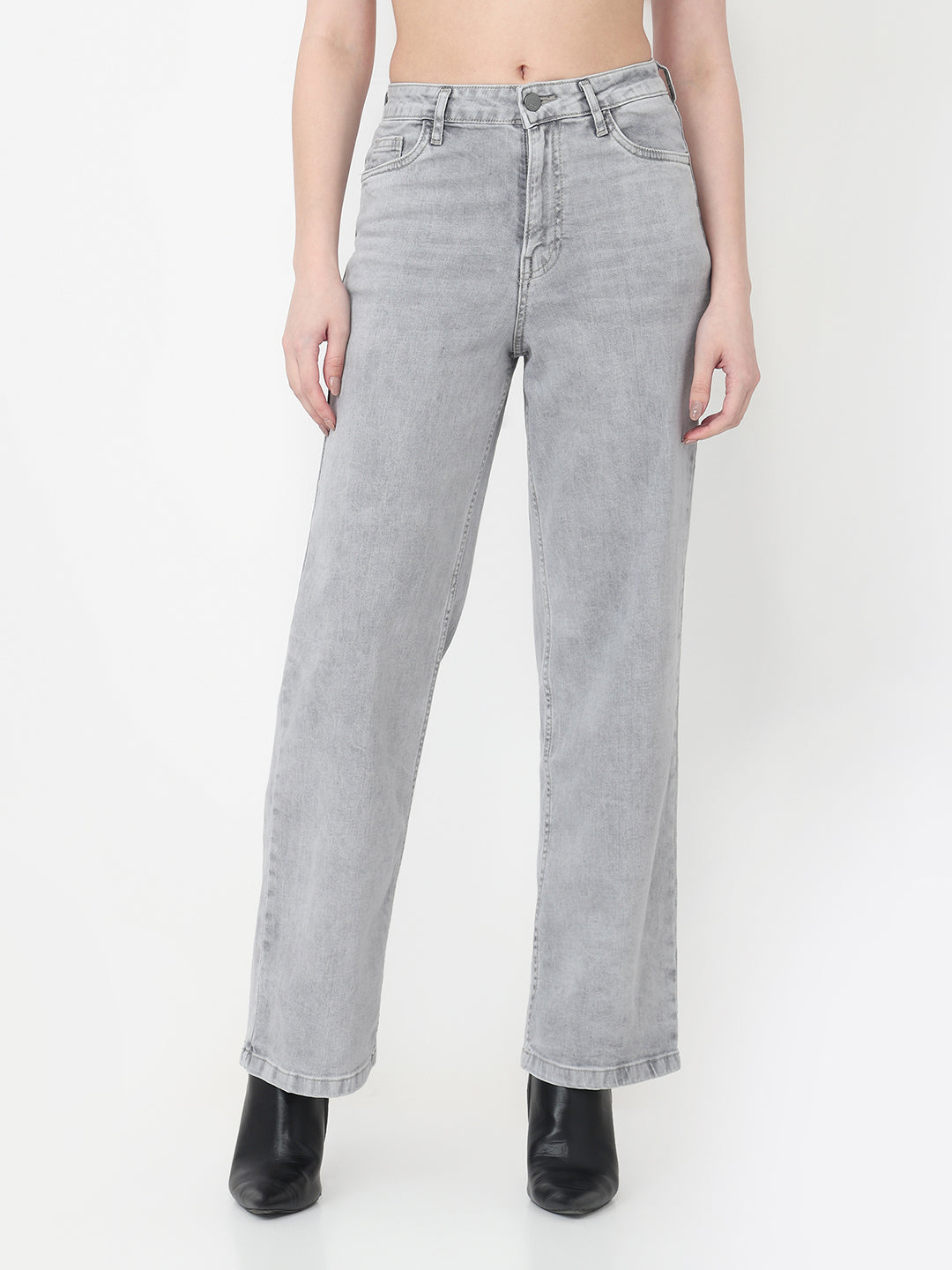 Women Grey High-Rise Wide Leg Jeans