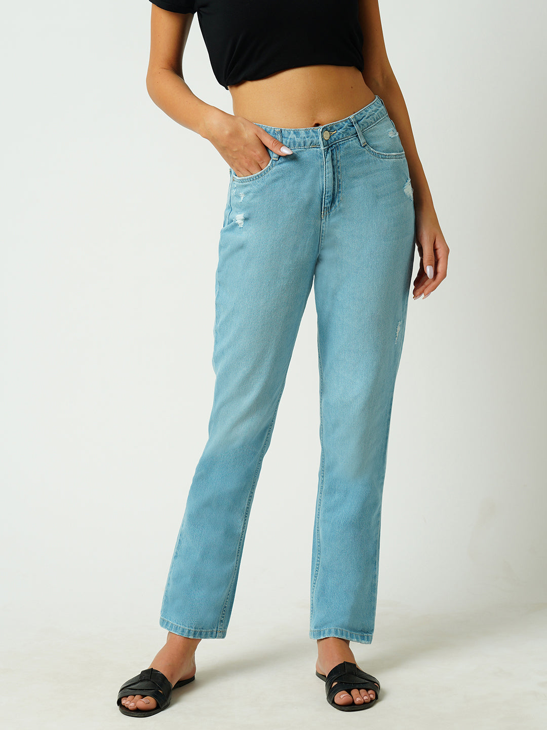 Women Light Blue High-Rise Straight Fit Jeans
