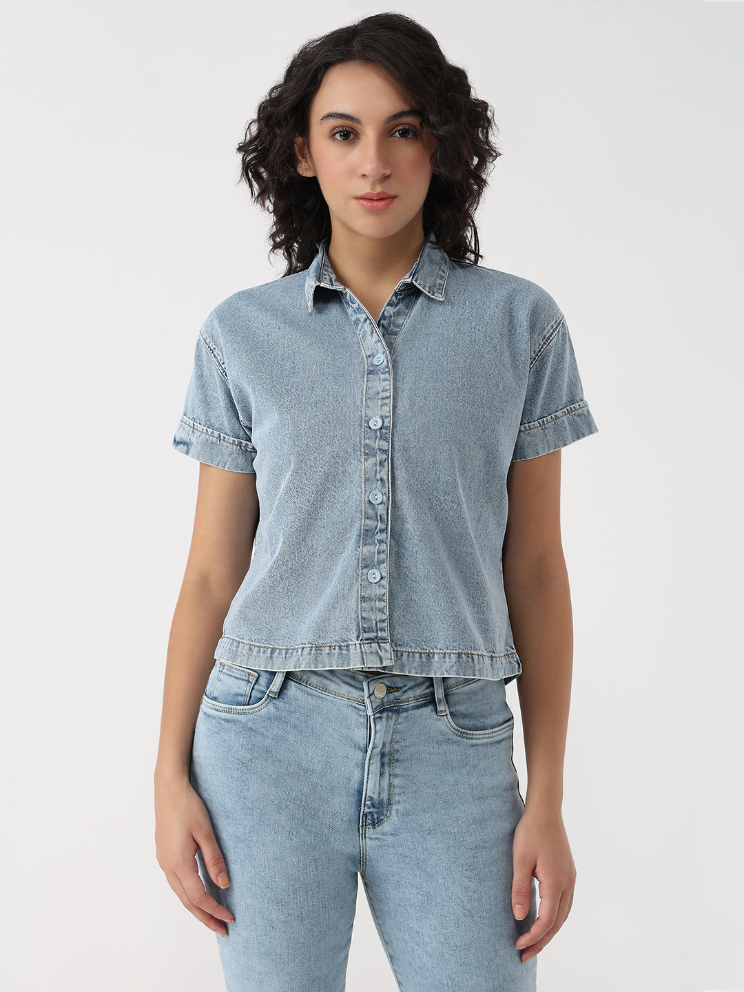 Women Blue Crop Denim Shirt
