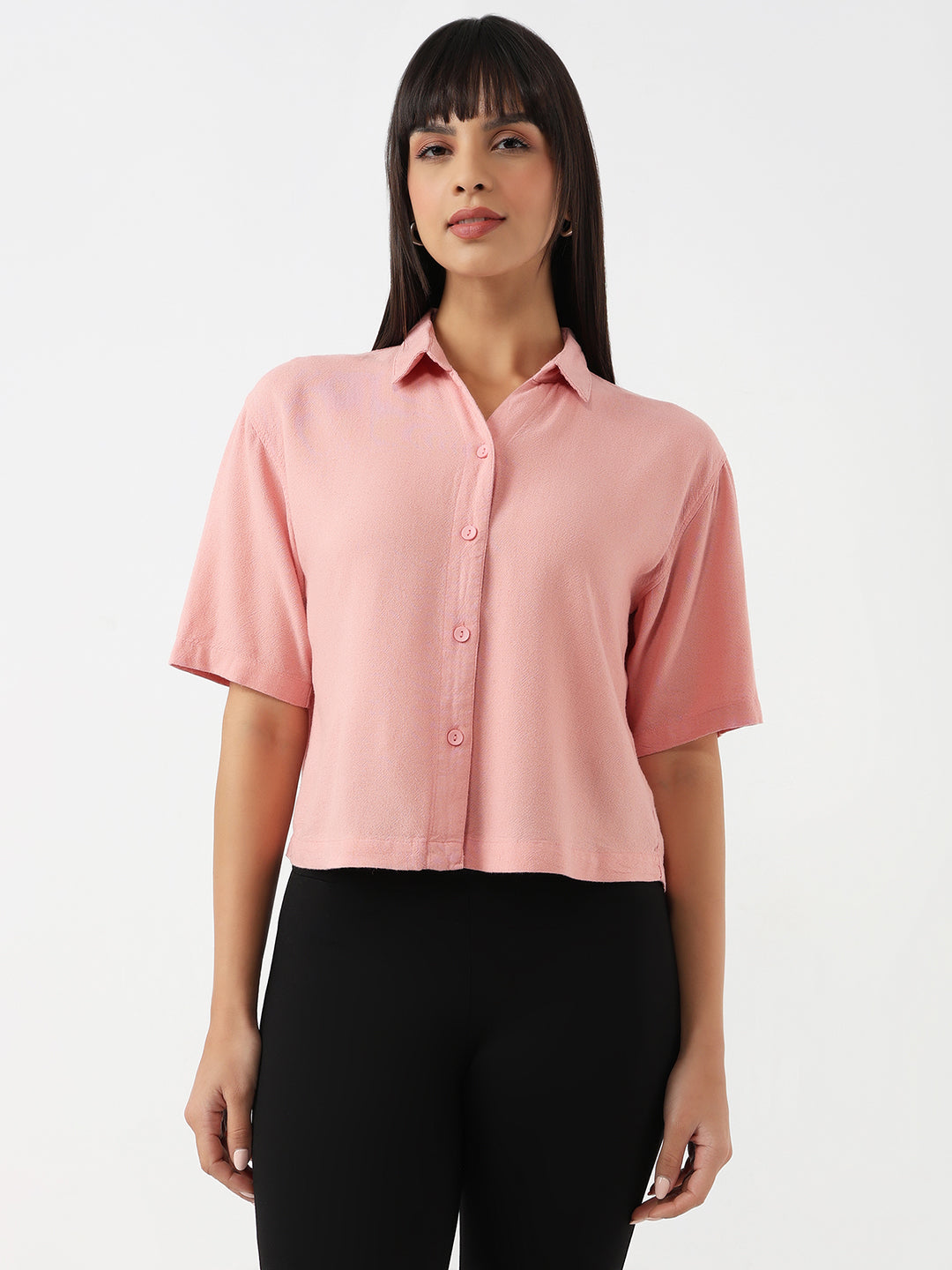Women Blush Pink Slim Crop Shirt