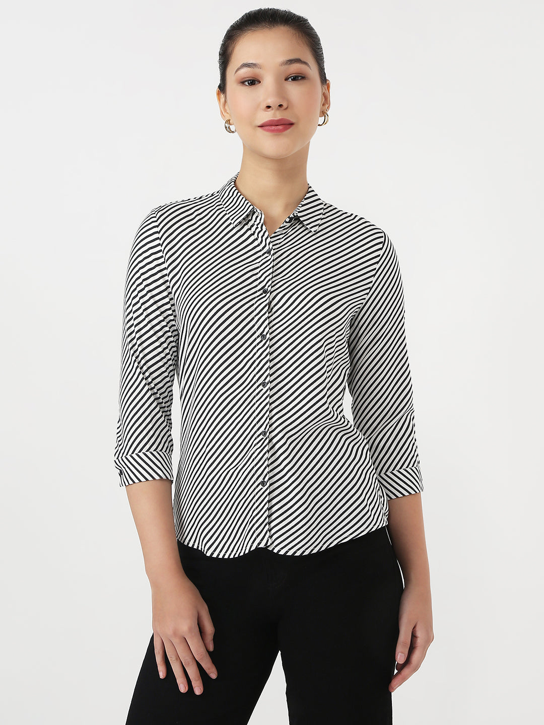 Women Black & White Slim Stripe Shirt