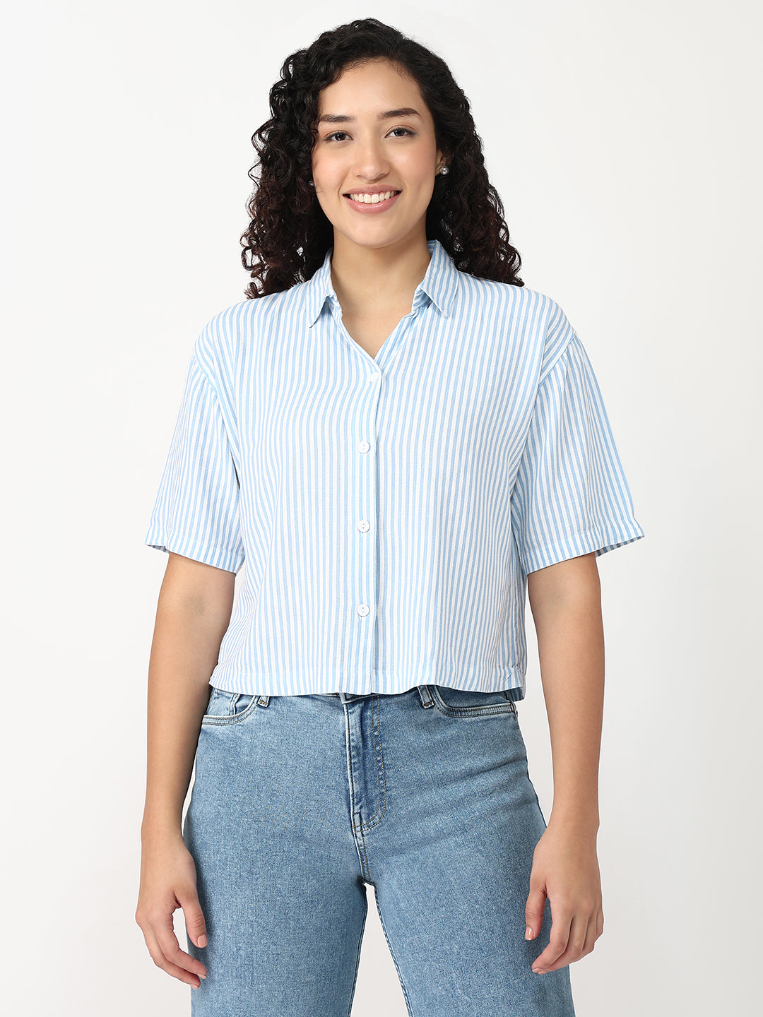 Women Sky/White Crop Slim Shirt