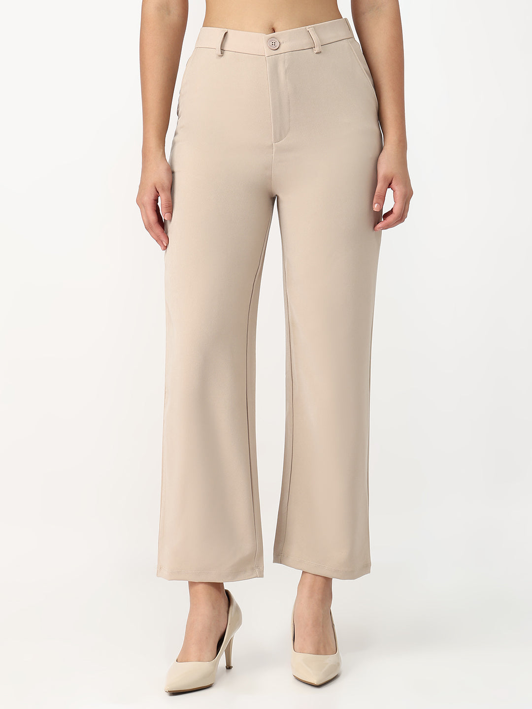 Women Beige High-Rise Loose Straight Fit Korean Pants