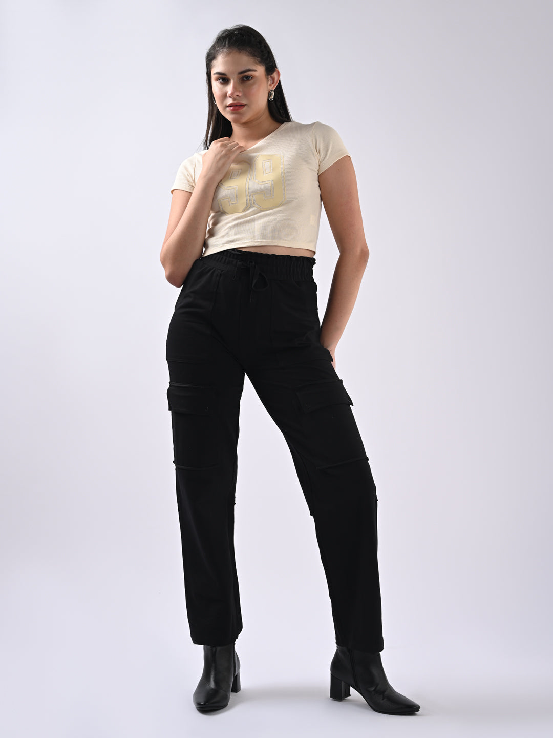 Women Black Tie-Up Cargo