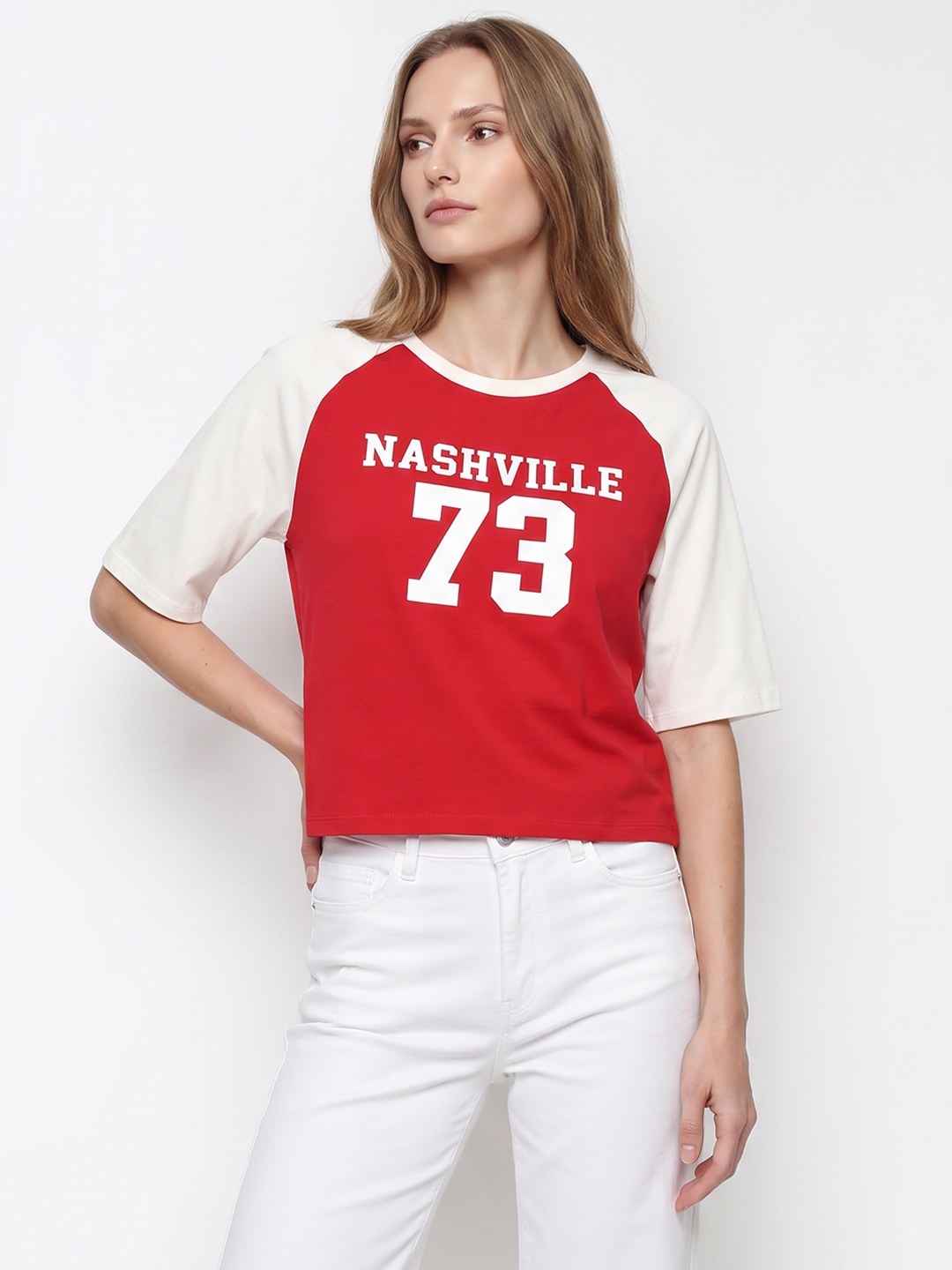 Women Red/ Off White Crop Tees