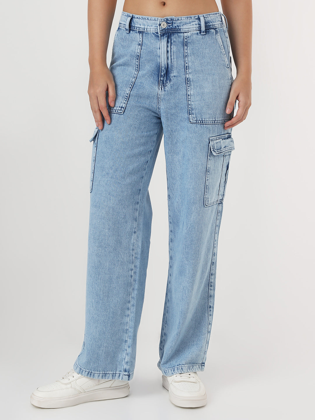 Women Light Blue Mid-Rise Cargo