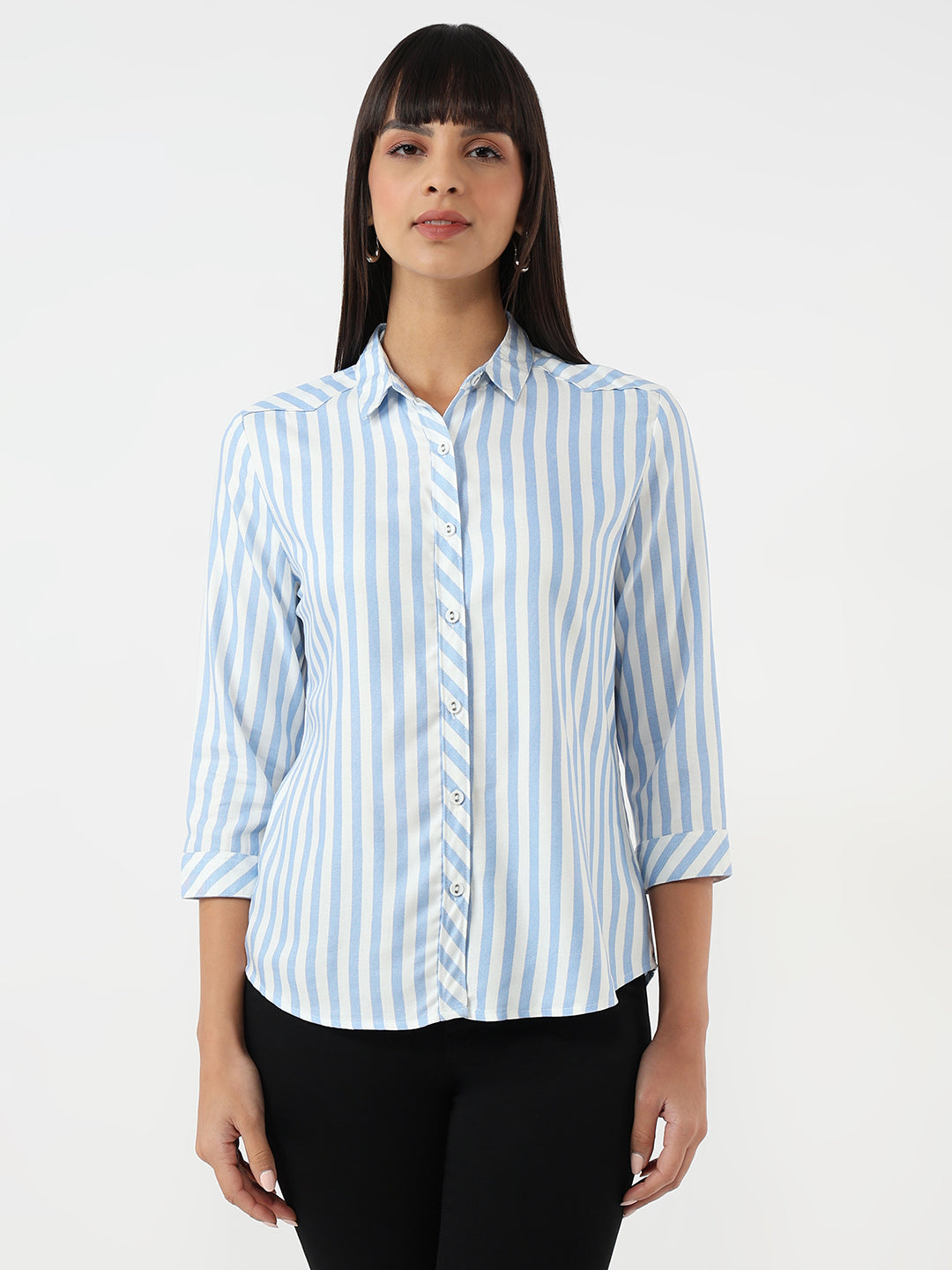 Women Sky/White Slim Stripe Shirt