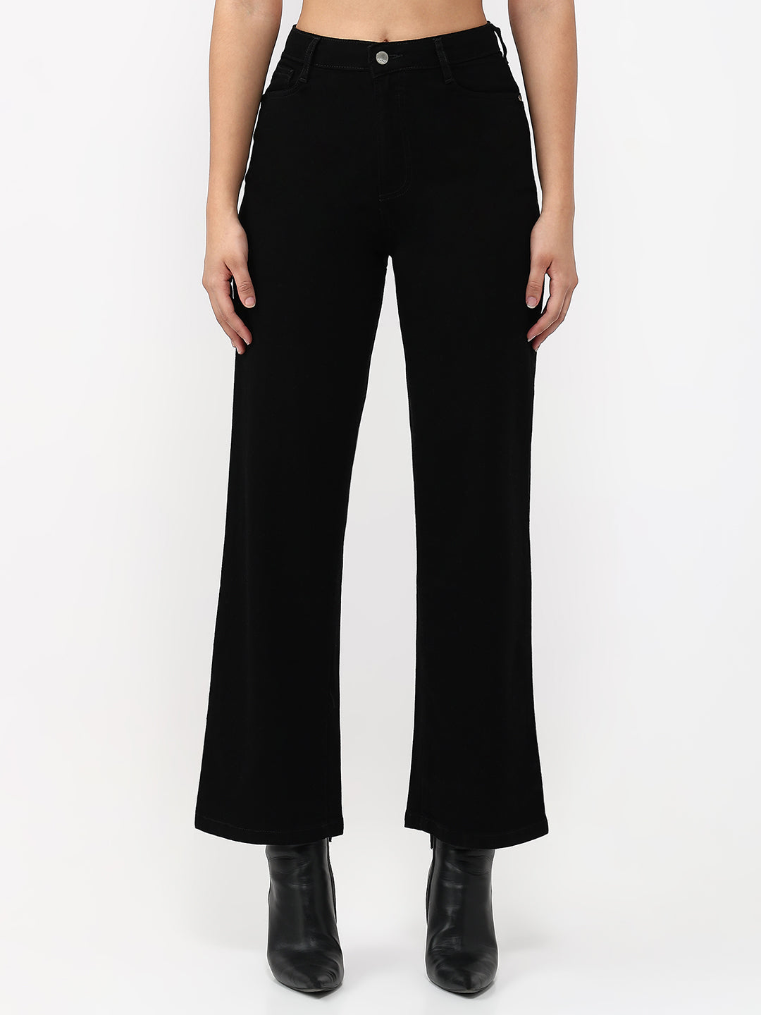 Women Black High-Rise Crop Wide Leg Jeans