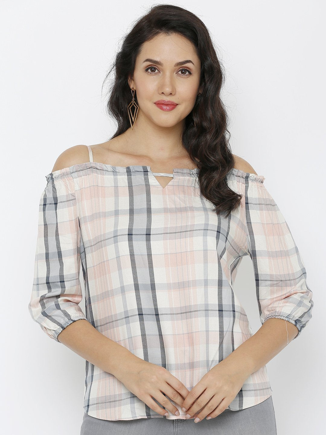 Women Grey/Peach Off Shoulder Top