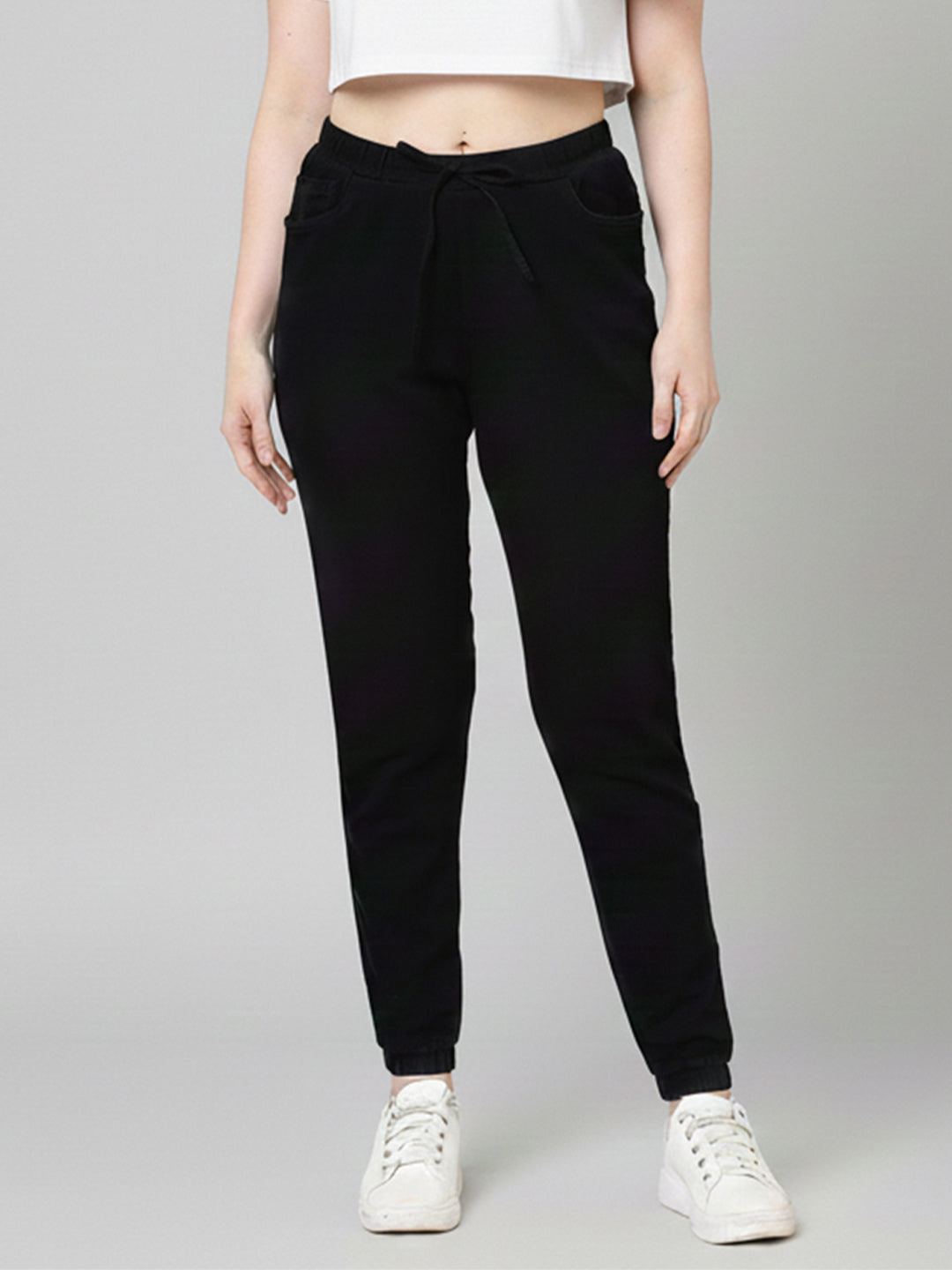 Women Black High-Rise Denim Joggers