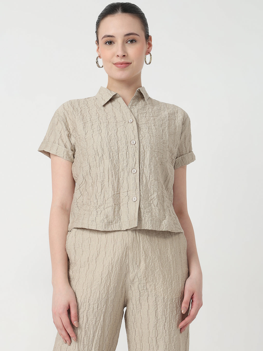 Women Pumic Stone Slim Fit Crop Shirt