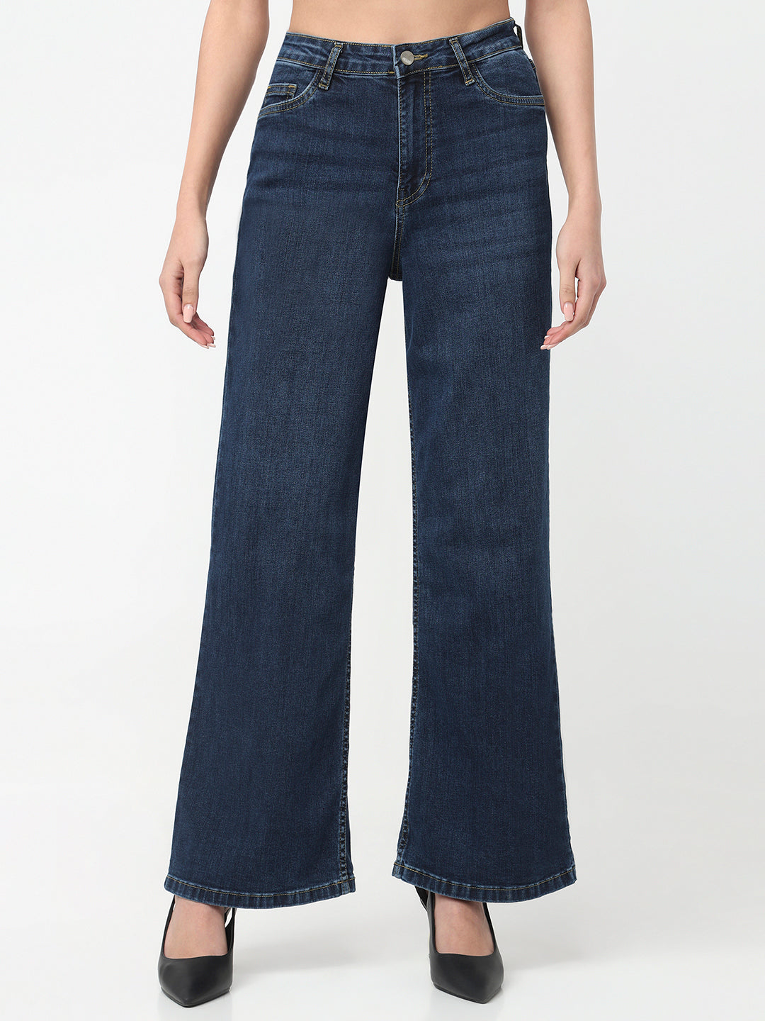 Women Dark Blue High-Rise Super Wide Leg Jeans