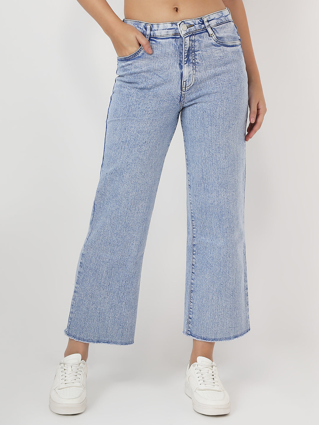 Women Light Blue High-Rise Crop Wide Leg Jeans