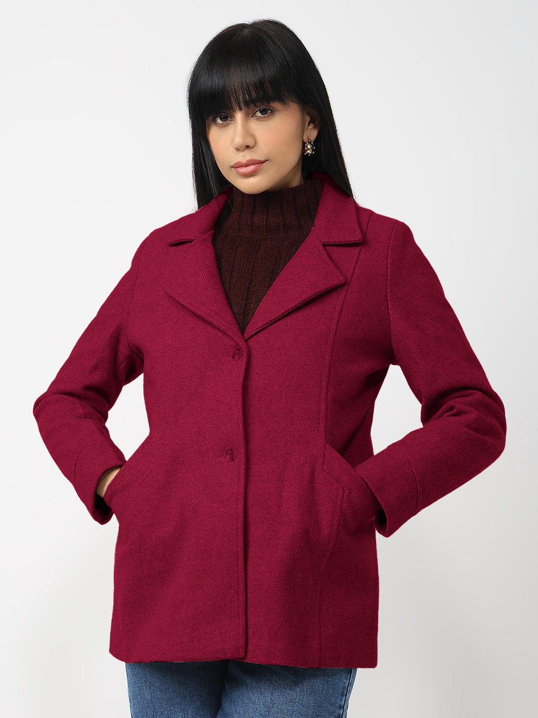 Women Red Slim Fit Coat