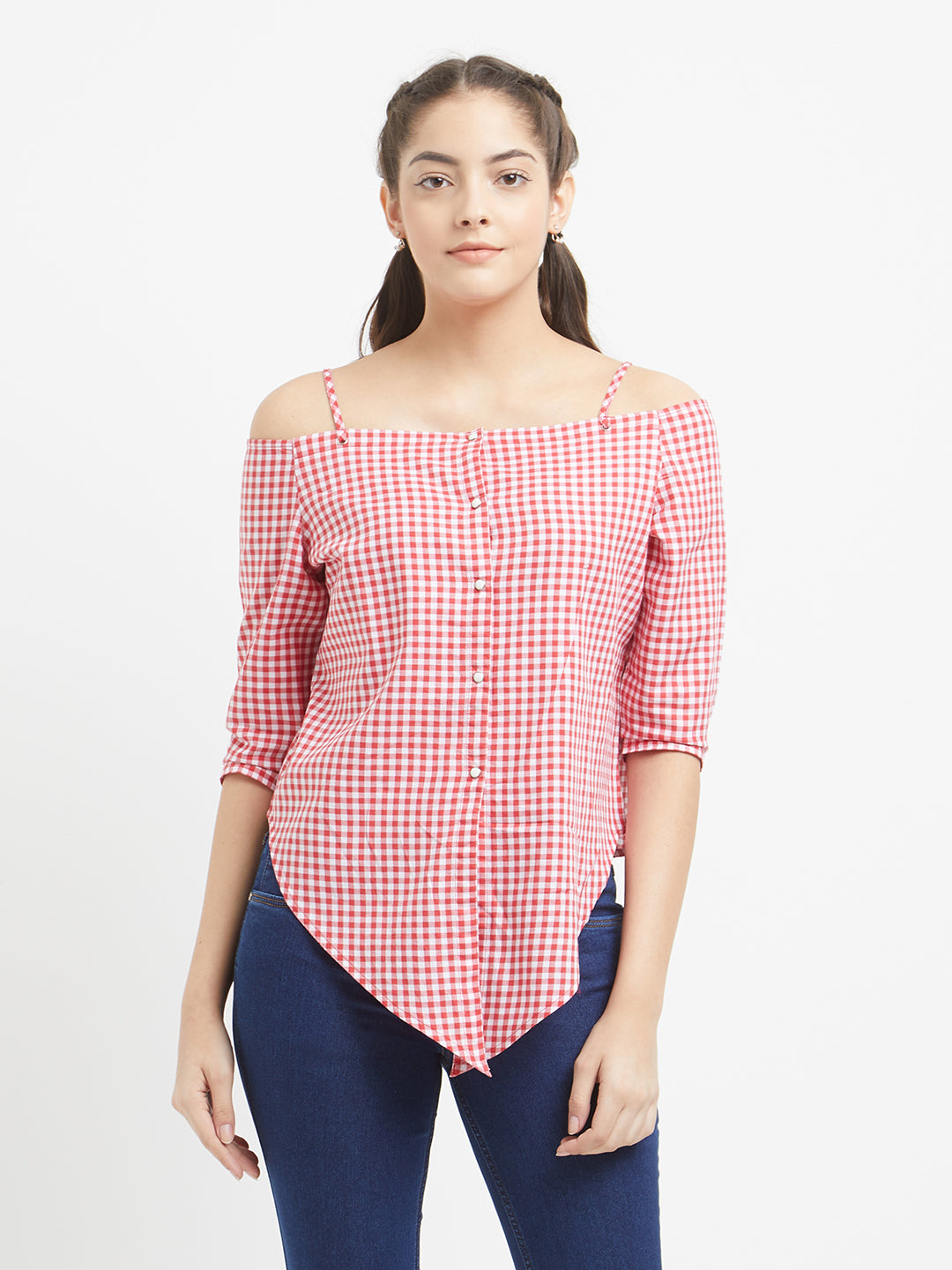 Women Red Tie-Up Off Shoulder Top