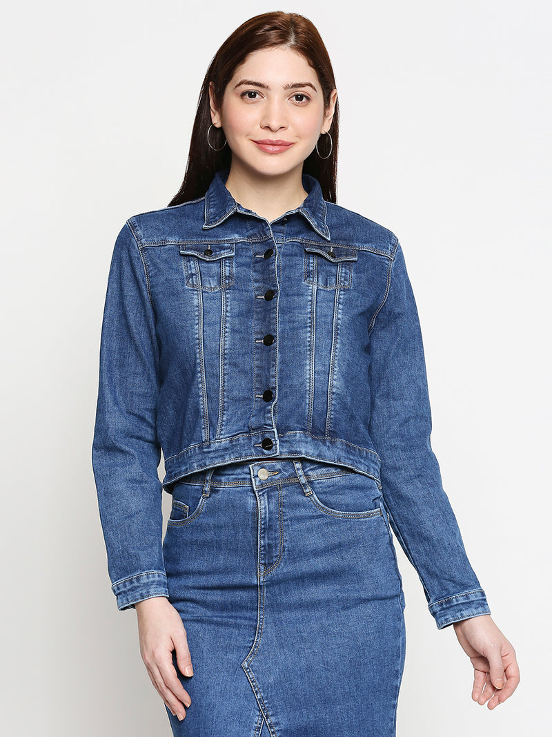 Women Blue Solid Full Length Jackets & Shrugs