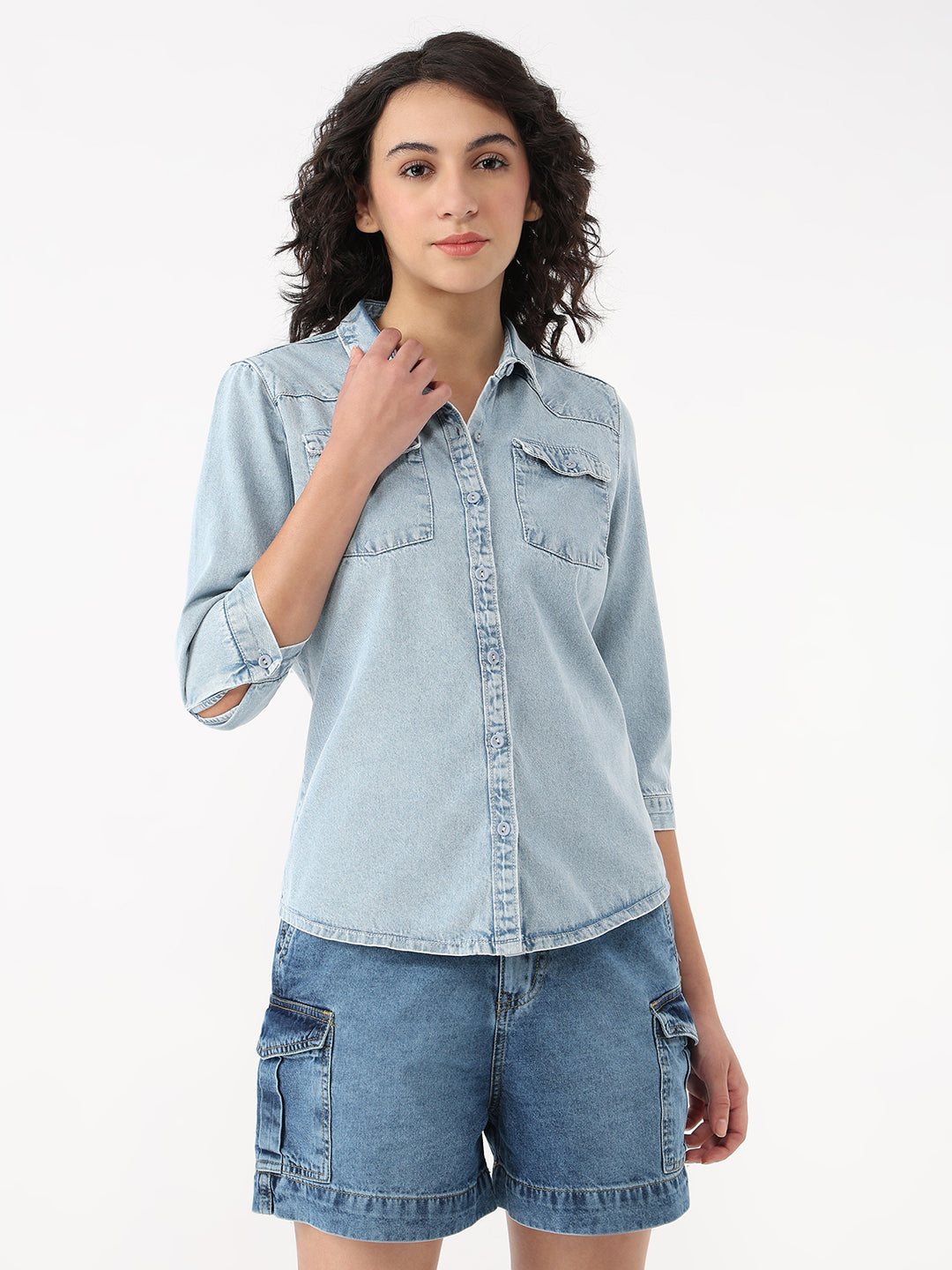 Women Light Blue Slim Denim Shirt